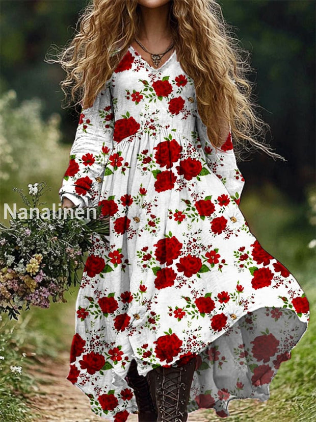 Vintage Floral Art Print V-neck Elegant Chic Loose Long Sleeve Midi Dress A / S