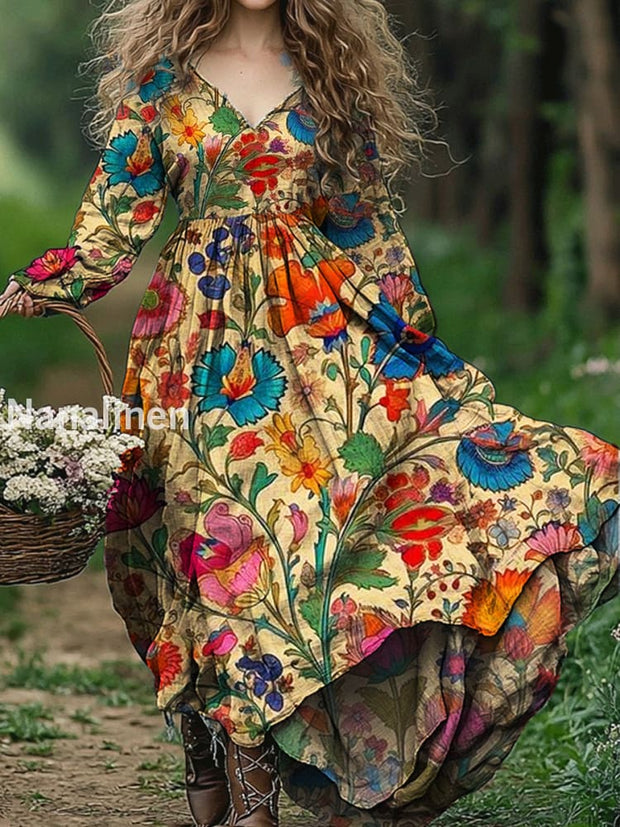 Vintage Floral Art Print V Neck Elegant Chic Loose Long Sleeve Midi Dress A / S