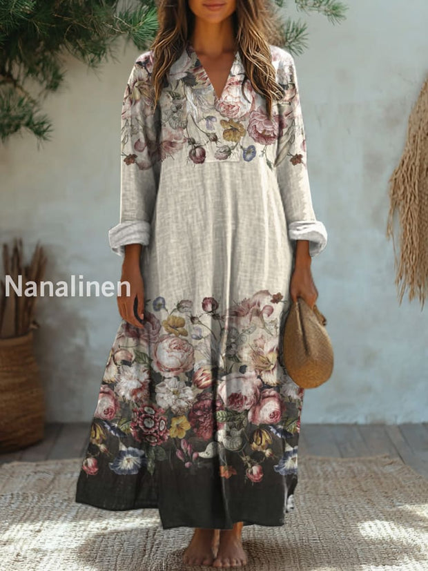 Vintage Floral Art Print V Neck Elegant Chic Loose Long Sleeve Midi Dress A / S