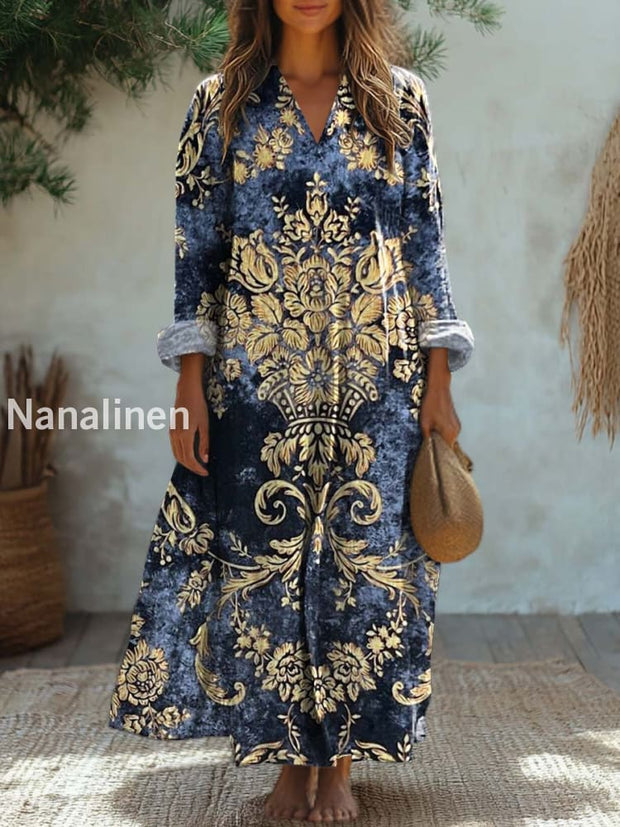 Vintage Floral Art Print V Neck Elegant Chic Loose Long Sleeve Midi Dress A / S