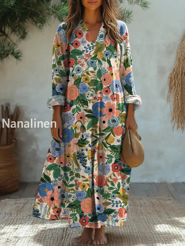 Vintage Floral Art Print V Neck Elegant Chic Loose Long Sleeve Midi Dress A / S