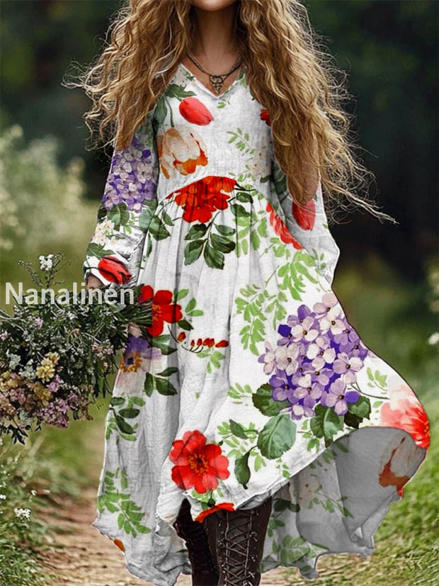 Vintage Floral Art Print V-neck Elegant Chic Loose Long Sleeve Midi Dress A / S