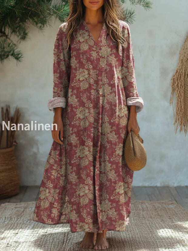 Vintage Floral Art Print V Neck Elegant Chic Loose Long Sleeve Midi Dress A / S