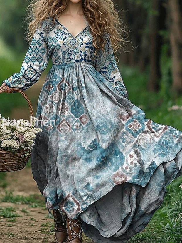 Vintage Floral Art Print V-Neck Elegant Chic Loose Long Sleeve Midi Dress A / S