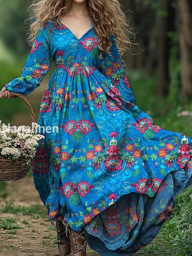 Vintage Floral Art Print V Neck Elegant Chic Loose Long Sleeve Midi Dress A / S