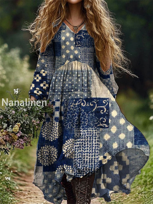 Vintage Floral Art Print V Neck Elegant Chic Loose Long Sleeve Midi Dress A / S