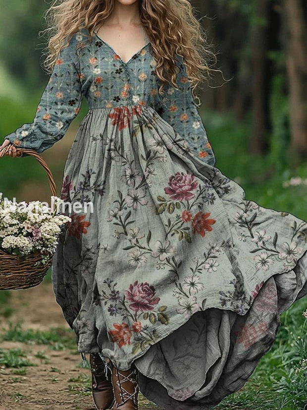 Vintage Floral Art Print V Neck Elegant Chic Loose Long Sleeve Midi Dress A / S