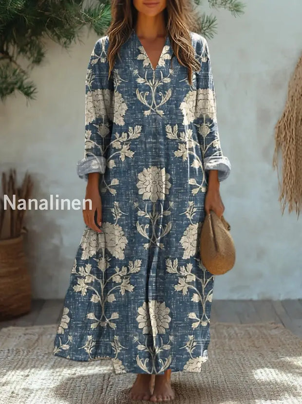 Vintage Floral Art Print V Neck Elegant Chic Loose Long Sleeve Midi Dress A / S