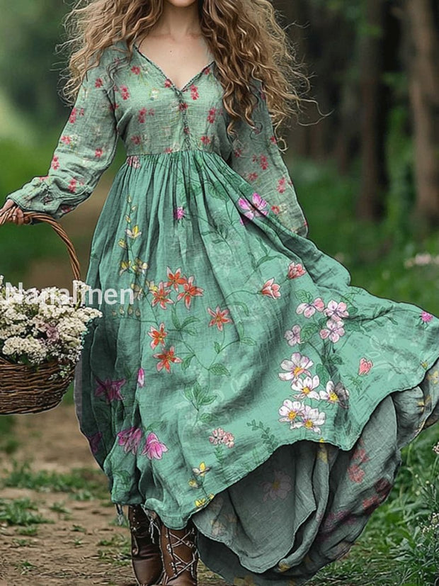 Vintage Floral Art Print V Neck Elegant Chic Loose Long Sleeve Midi Dress A / S