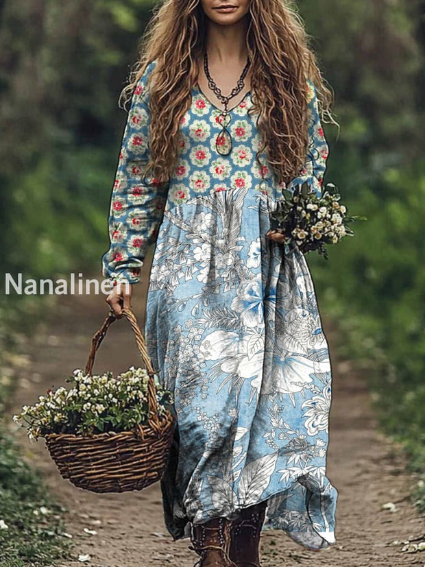 Vintage Floral Art Print V-Neck Elegant Chic Loose Long Sleeve Midi Dress A / S