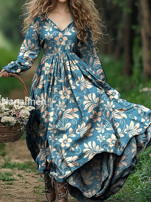 Vintage Floral Art Print V Neck Elegant Chic Loose Long Sleeve Midi Dress A / S