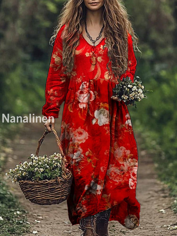 Vintage Floral Art Print V-Neck Elegant Chic Loose Long Sleeve Midi Dress A / S