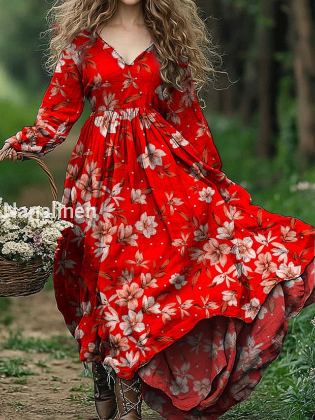 Vintage Floral Art Print V Neck Elegant Chic Loose Long Sleeve Midi Dress A / S