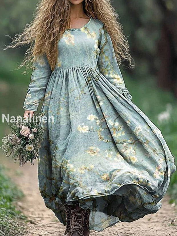 Vintage Floral Art Print V-Neck Elegant Chic Loose Long Sleeve Midi Dress A / S