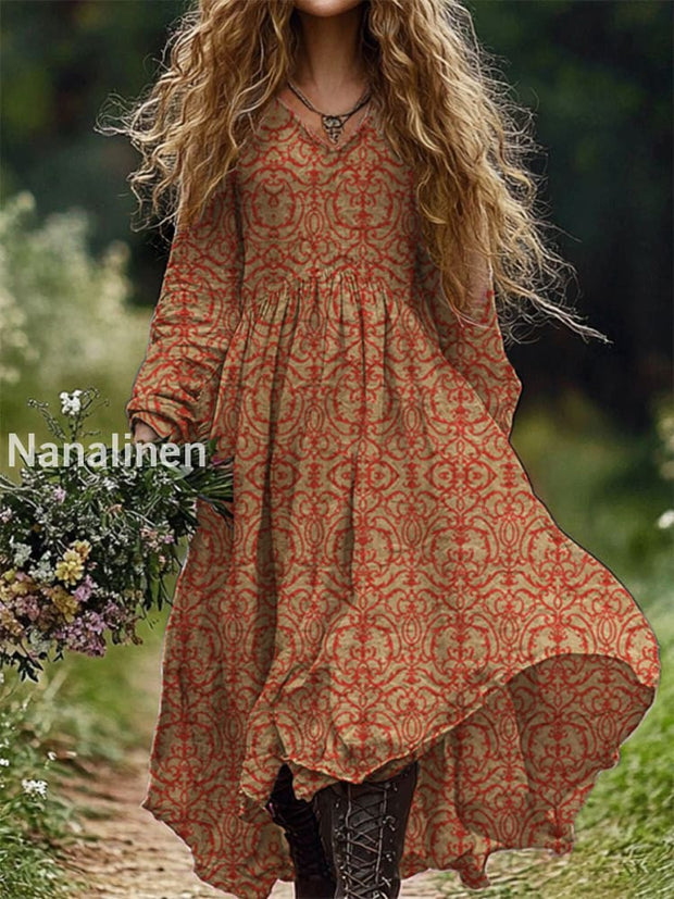 Vintage Floral Art Print V-Neck Elegant Chic Loose Long-Sleeved Midi Dress A / S