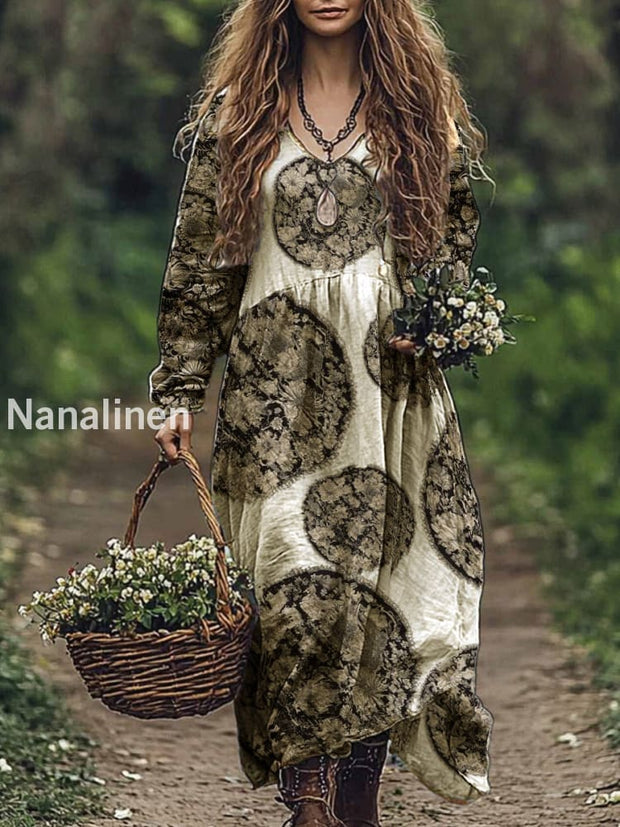 Vintage Floral Art Print V-Neck Elegant Chic Loose Long-Sleeved Midi Dress A / S