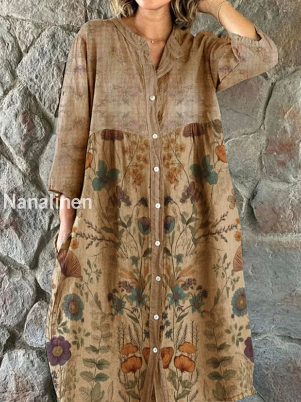 Vintage Floral Art Print V-Neck Elegant Chic Loose Long-Sleeved Midi Dress A / S