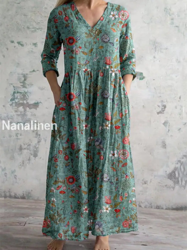 Vintage Floral Art Printed Chic V-Neck Three-Quarter Sleeve Elegant Midi Dress A / S