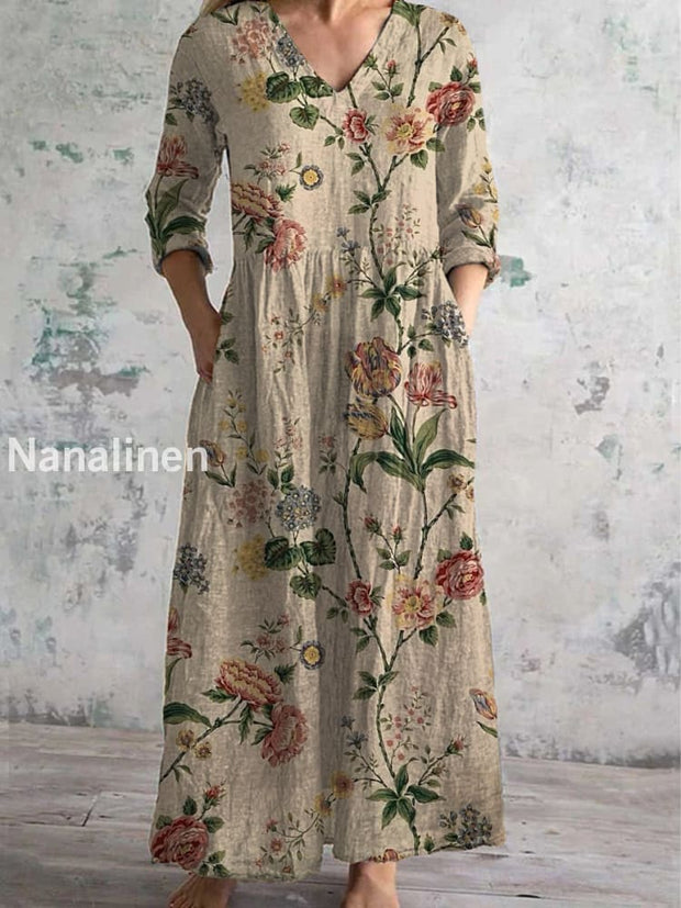 Vintage Floral Art Printed Chic V-Neck Three-Quarter Sleeve Elegant Midi Dress A / S