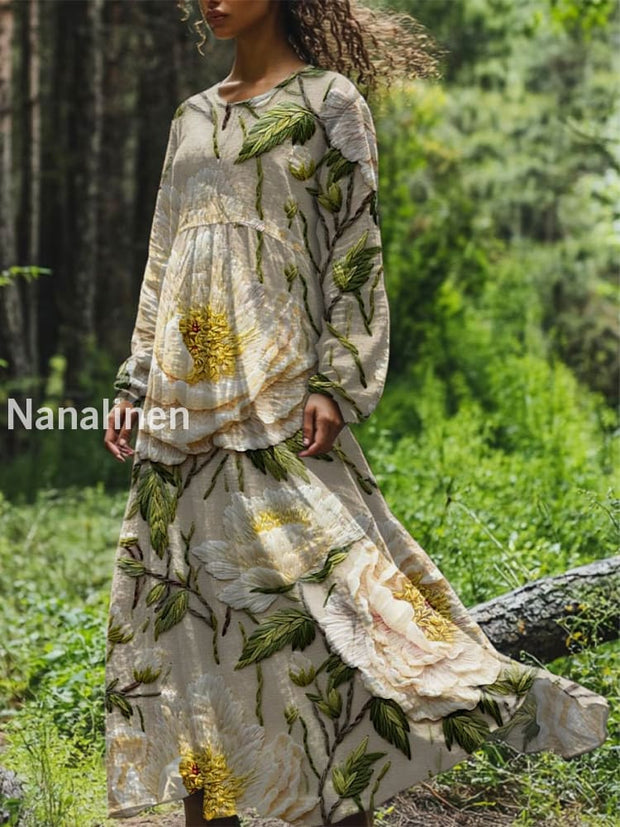 Vintage Floral Art Printed Round Neck Loose Long Sleeves Midi Dress Beige / S