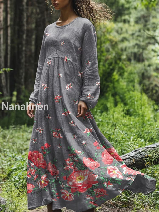 Vintage Floral Art Printed Round Neck Loose Long Sleeves Midi Dress Gray / S