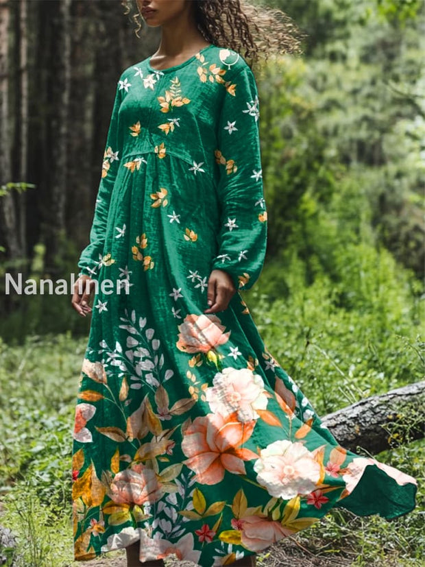 Vintage Floral Art Printed Round Neck Loose Long Sleeves Midi Dress Green / S