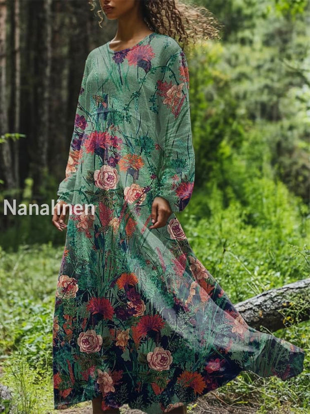 Vintage Floral Art Printed Round Neck Loose Long Sleeves Midi Dress Jade Green / S