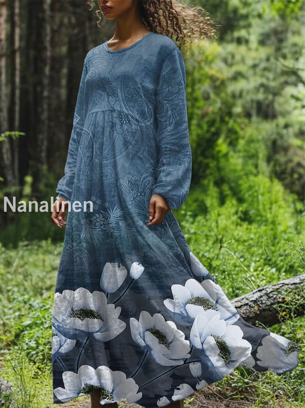 Vintage Floral Art Printed Round Neck Loose Long Sleeves Midi Dress Light Blue / S