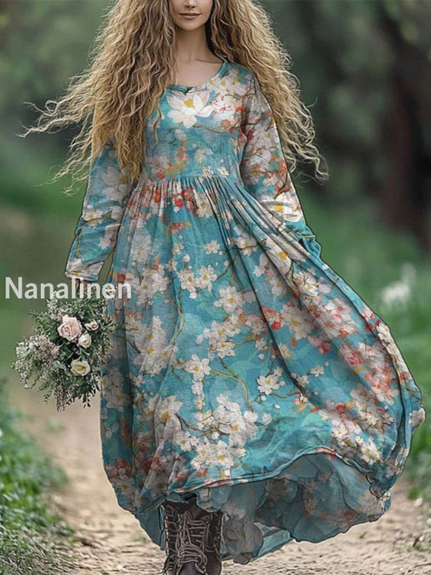 Vintage Floral Art Printed Round Neck Loose Long Sleeves Midi Dress Light Blue / S