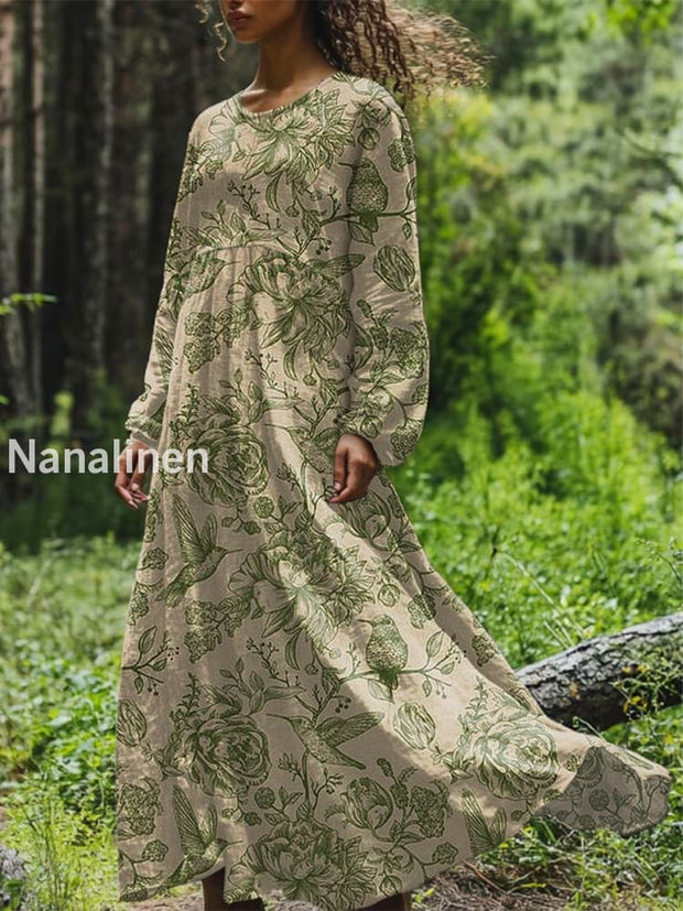 Vintage Floral Art Printed Round Neck Loose Long Sleeves Midi Dress Light Green / S