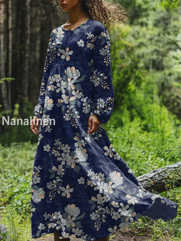 Vintage Floral Art Printed Round Neck Loose Long Sleeves Midi Dress Navy Blue / S