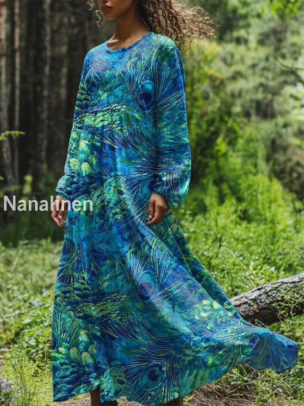 Vintage Floral Art Printed Round Neck Loose Long Sleeves Midi Dress Peacock Blue / S