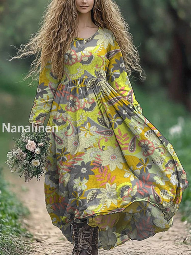 Vintage Floral Art Printed Round Neck Loose Long Sleeves Midi Dress Yellow / S