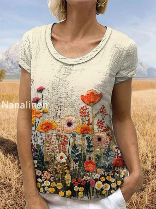 Vintage Floral Art Printed Short Sleeve Top Apricot / S