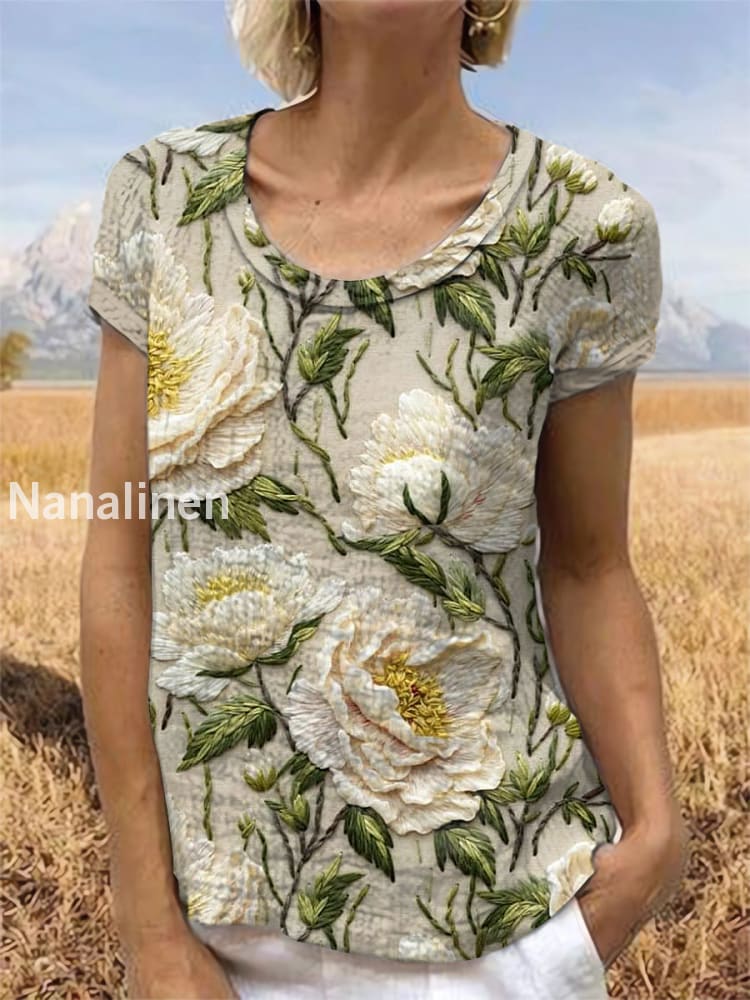 Vintage Floral Art Printed Short Sleeve Top Apricot / S