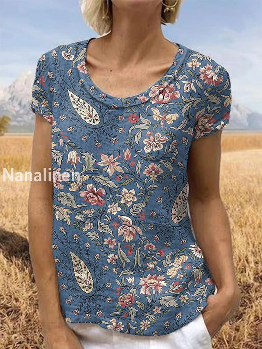 Vintage Floral Art Printed Short Sleeve Top Blue / S