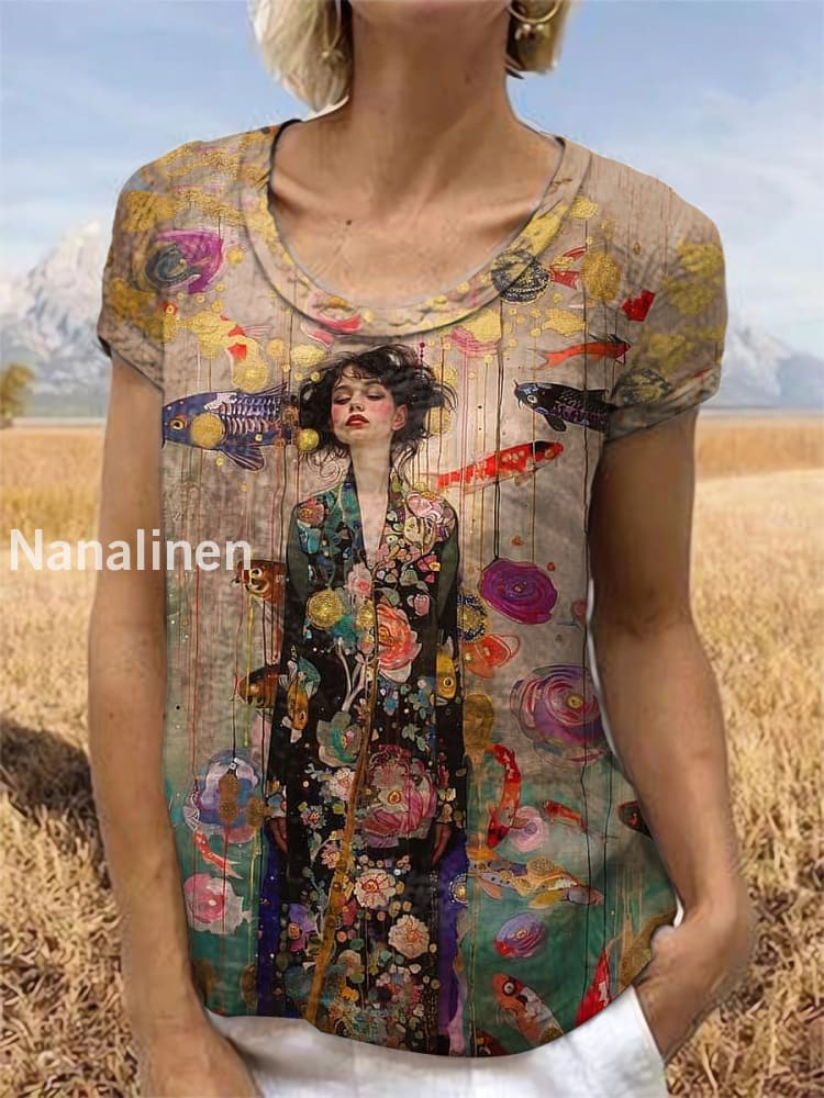 Vintage Floral Art Printed Short Sleeve Top Brown / S