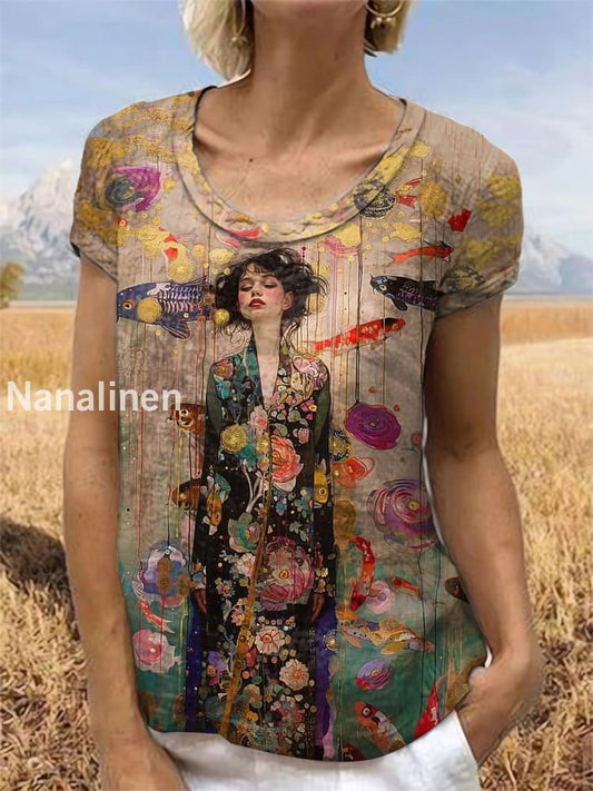 Vintage Floral Art Printed Short Sleeve Top Brown / S