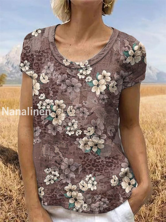 Vintage Floral Art Printed Short Sleeve Top Brown / S