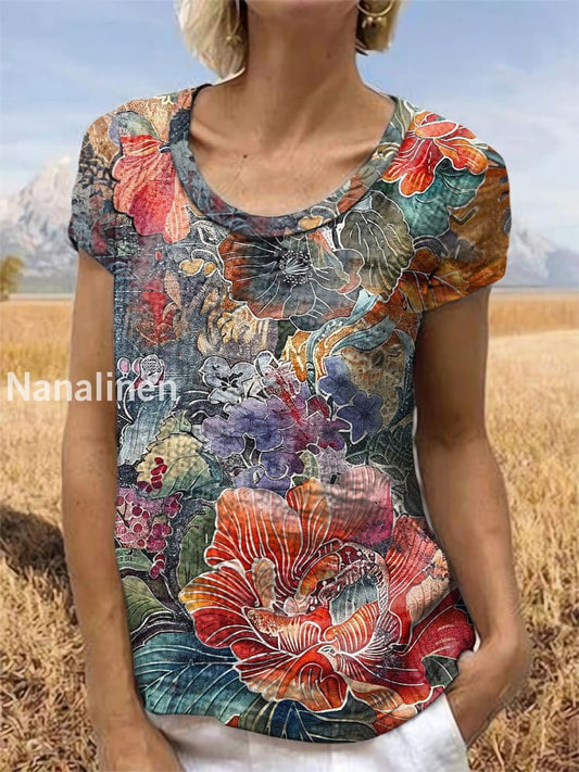 Vintage Floral Art Printed Short Sleeve Top Colorful / S