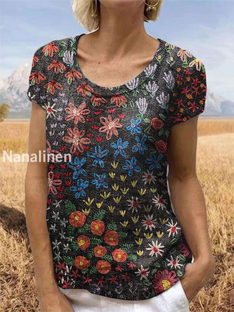 Vintage Floral Art Printed Short Sleeve Top Colorful / S
