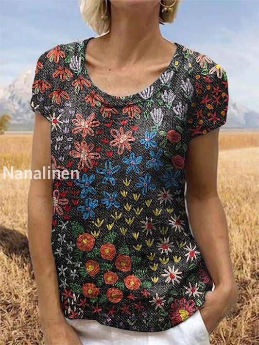 Vintage Floral Art Printed Short Sleeve Top Colorful / S