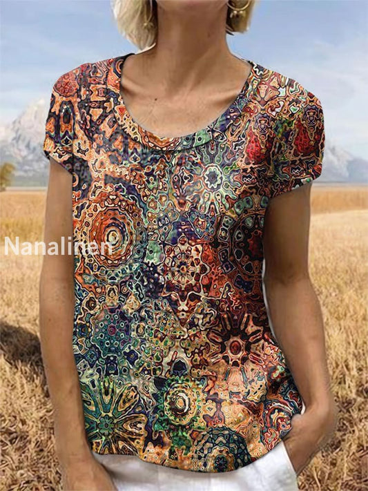 Vintage Floral Art Printed Short Sleeve Top Colorful / S