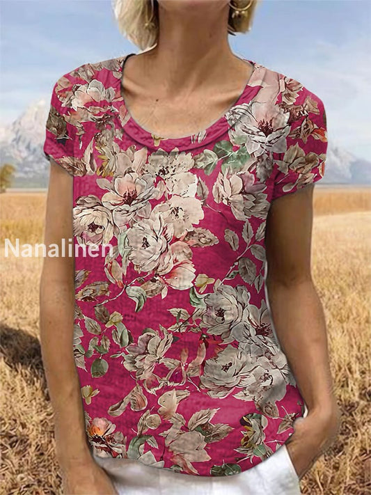 Vintage Floral Art Printed Short Sleeve Top Pink / S