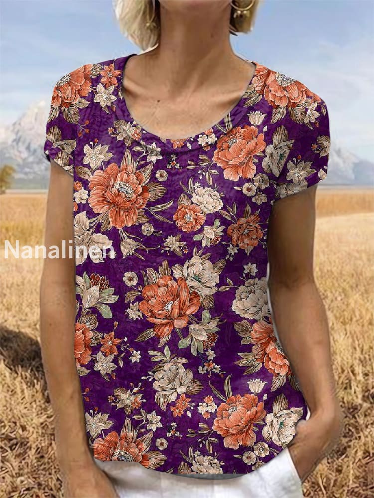 Vintage Floral Art Printed Short Sleeve Top Purple / S