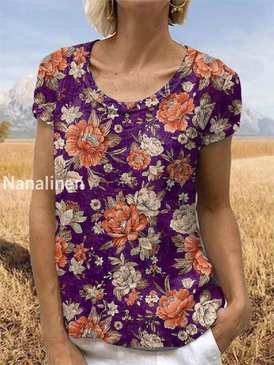Vintage Floral Art Printed Short Sleeve Top Purple / S