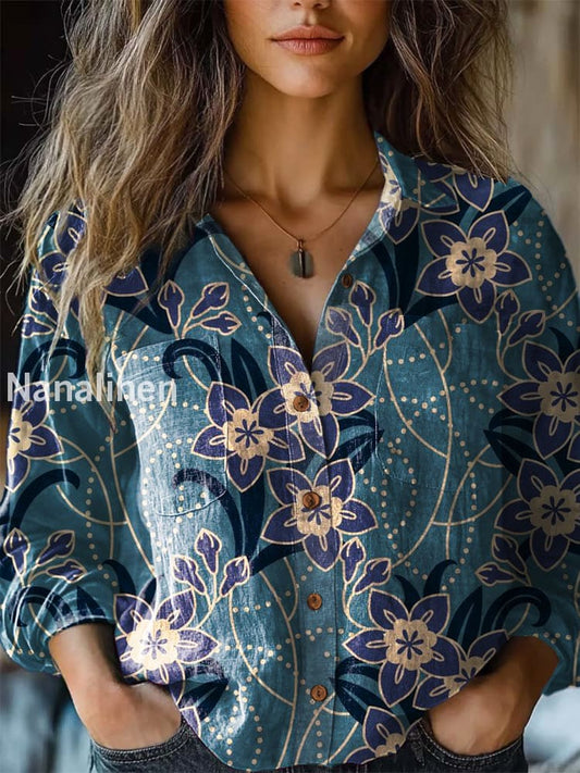 Vintage Floral Pattern Printed Women’s Casual Long Sleeve Comfortable Cotton Shirt Blue / S