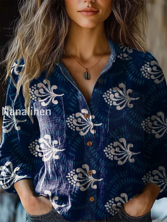 Vintage Floral Pattern Printed Women’s Casual Long Sleeve Comfortable Cotton Shirt Navy Blue / S