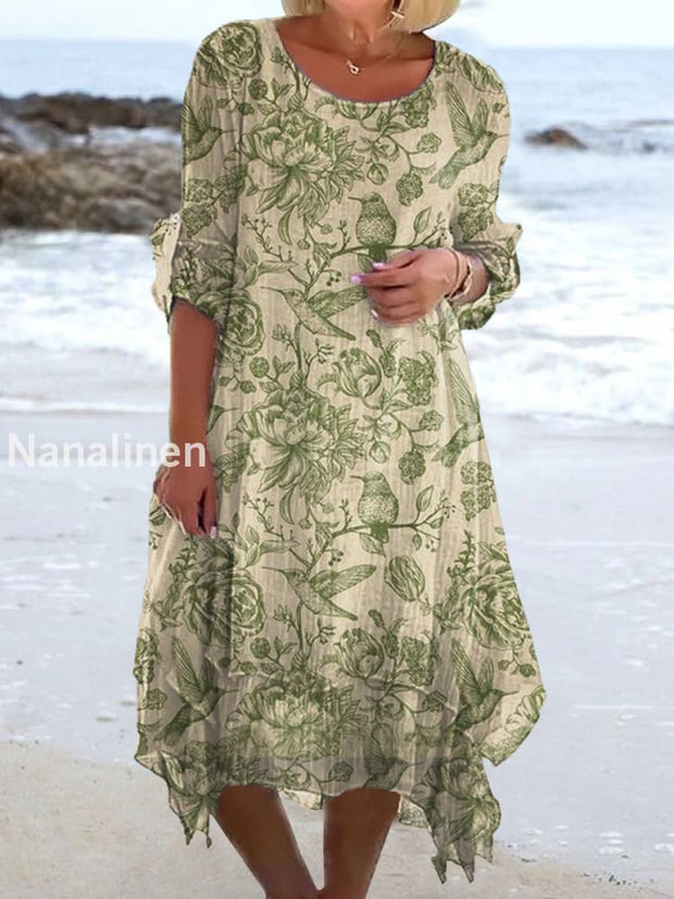 Vintage Floral Print Chic Three-Quarter Sleeves Round Neck Elegant Midi Dress A / S