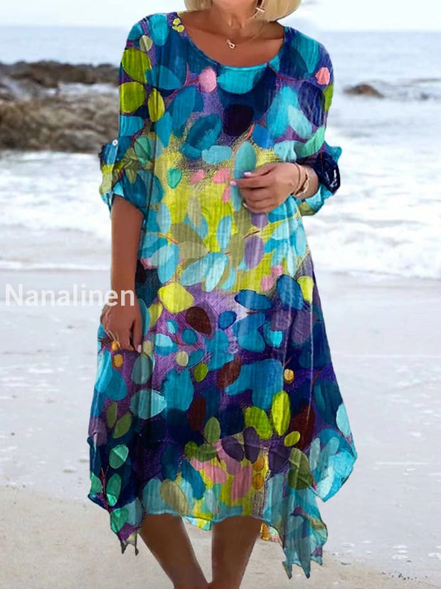 Vintage Floral Print Chic Three-Quarter Sleeves Round Neck Elegant Midi Dress A / S